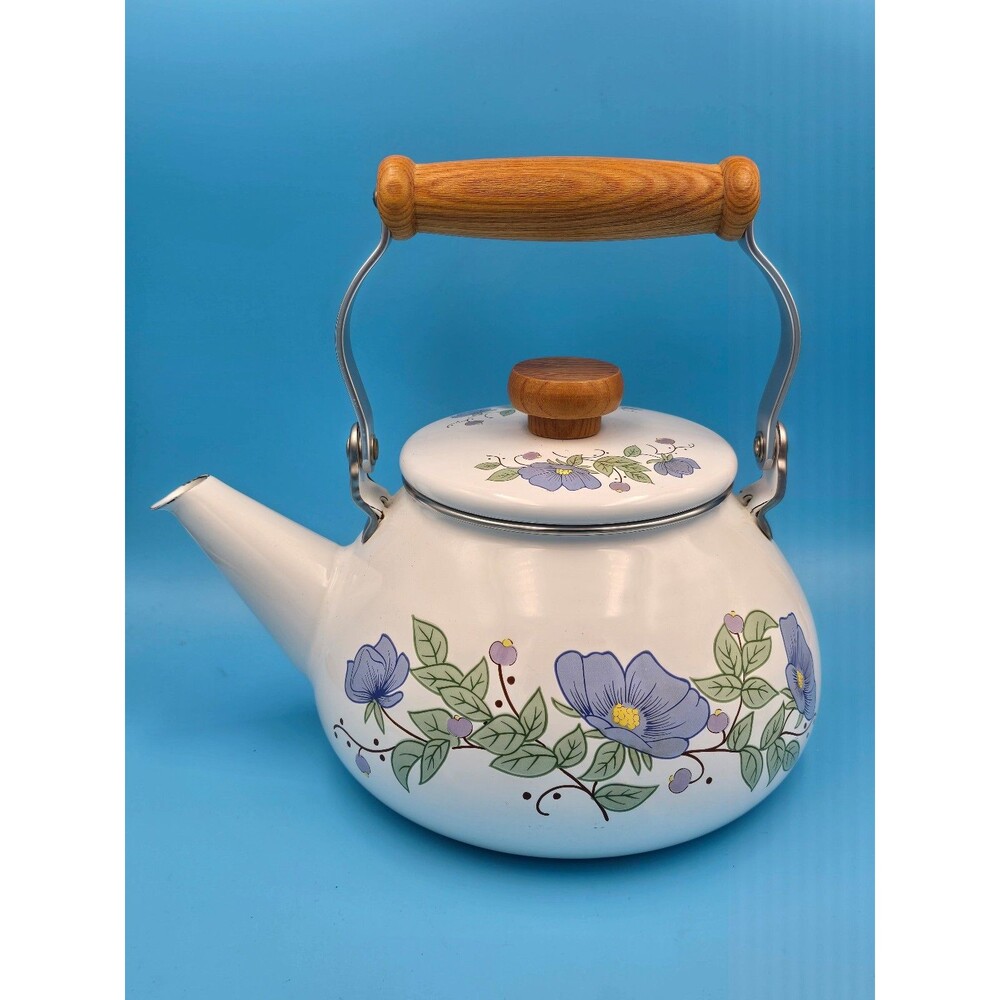 Vintage 1980s National Housewares Enamelware Tea Pot Kettle - Blue Floral Botani